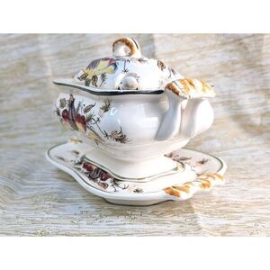 Italian Ceramic Tureen, platter, ladle, lid (4 pc) handpainted Vintage (chip)